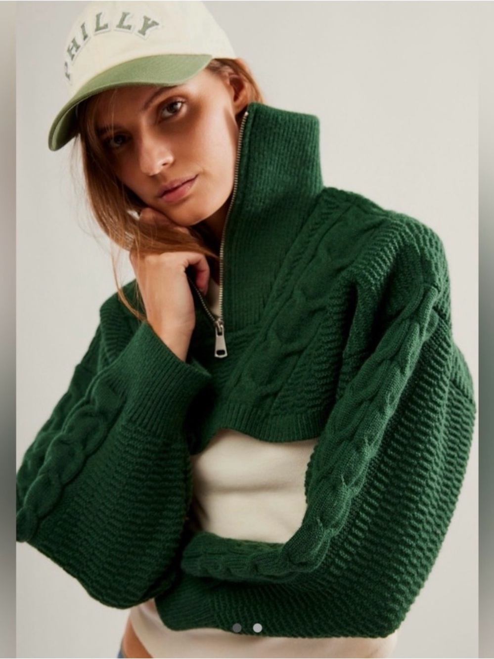 Free People Quarter Zip Cable Knit Bolero Sweater Green XS/S Cropped Shrug